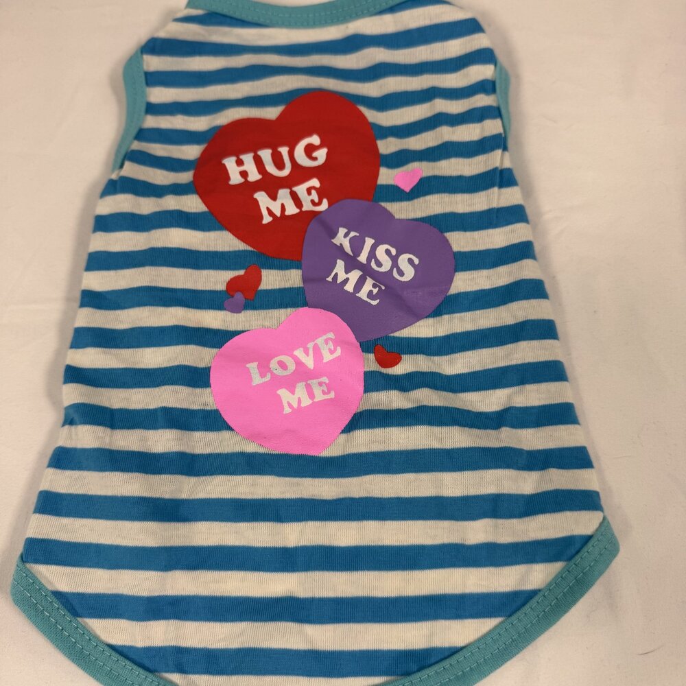Hug Me Kiss Me Love Me Blue Stripe Dog Tank Top Size M Valentine Pet Shirt